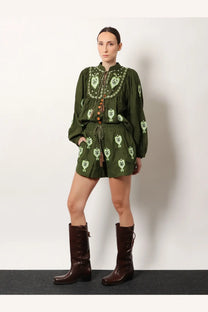 Farm rio women’s olive green embroidered romper with heart motifs and drawstring waist made of lenzing ecovero euroflax