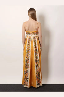 Farm Rio women’s Hilo beige cotton maxi dress with mustard yellow floral embroidery and thin spaghetti straps