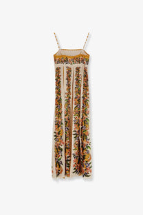 Farm rio women’s hilo multicolor cotton dress beige flowing off-white maxi with spaghetti straps and vibrant floral pattern