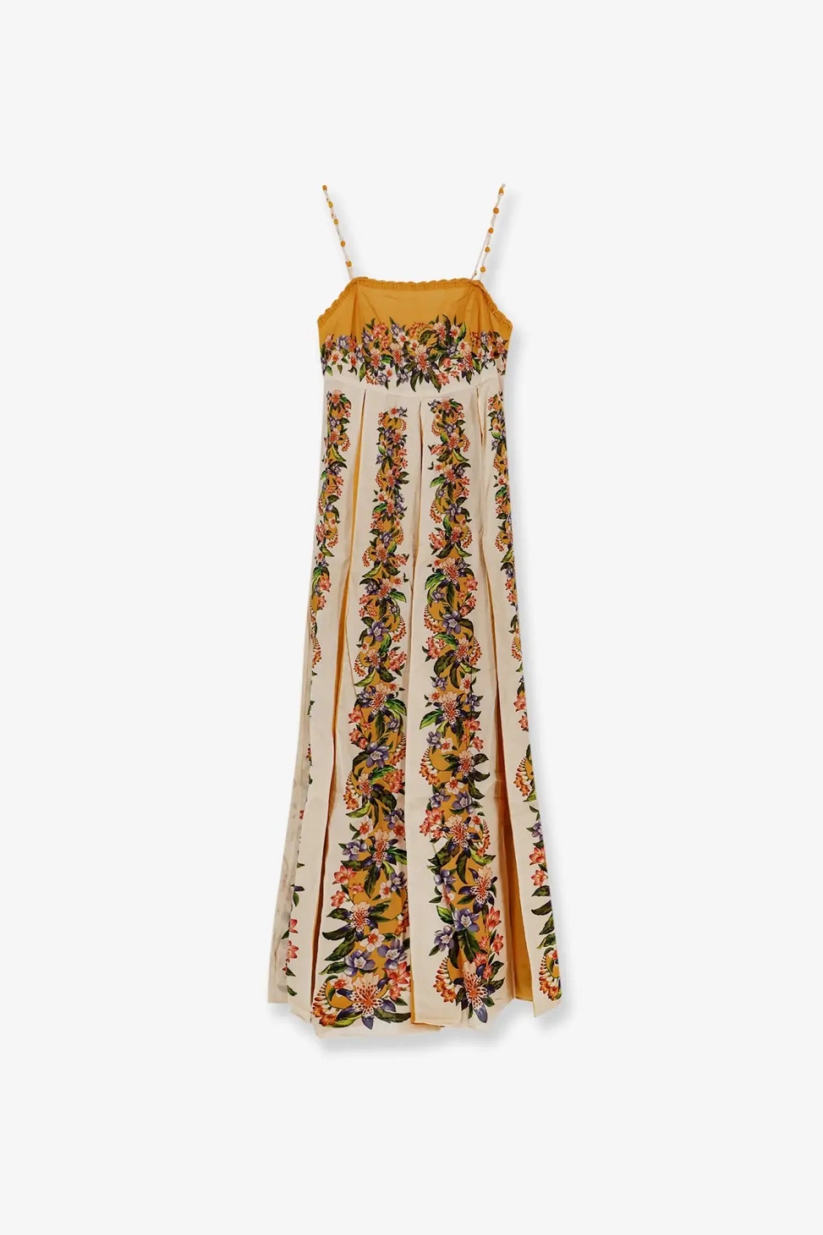 Farm rio women’s hilo multicolor cotton dress beige with mustard-yellow bodice and off-white floral maxi skirt