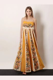 Farm rio women’s hilo multicolor flowy yellow and cream floral cotton maxi dress with delicate spaghetti straps