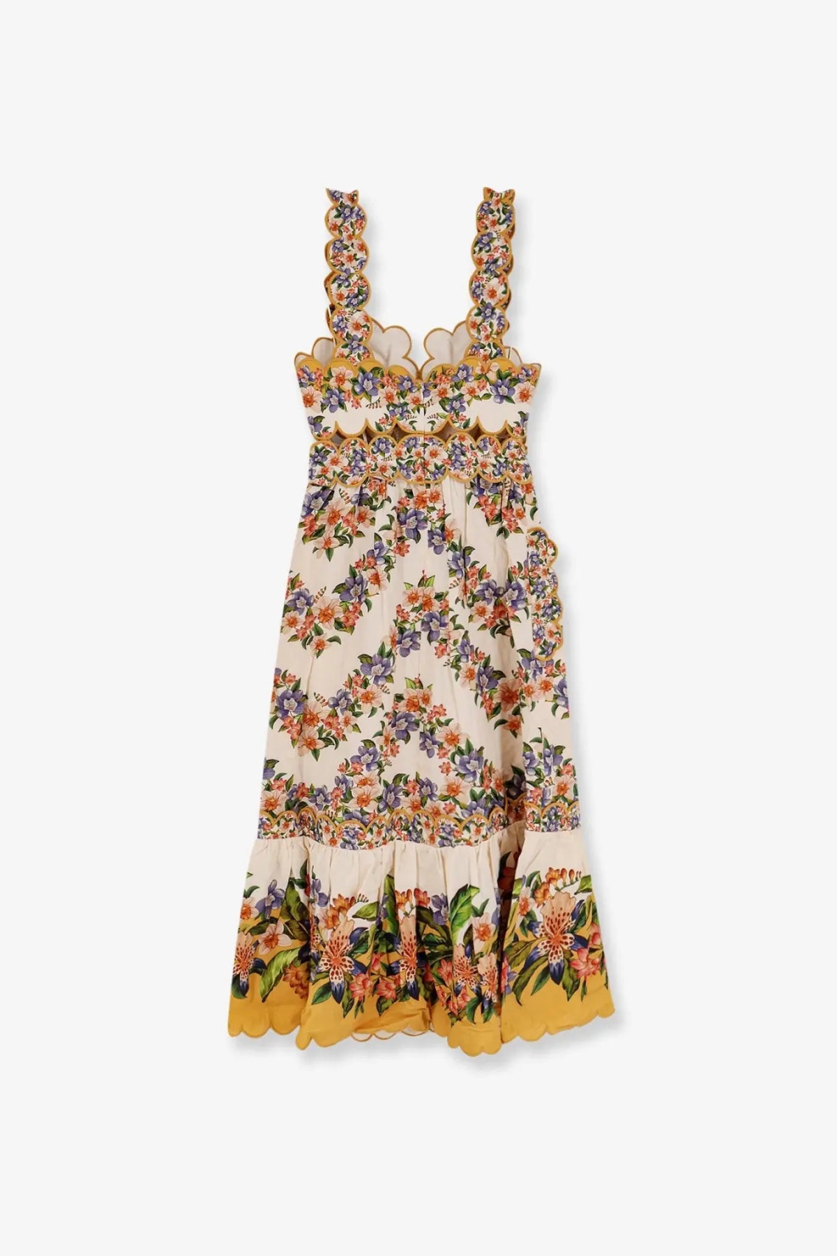 Farm Rio women’s Hilo multicolor beige linen and viscose sundress with floral pattern ruffled straps and scalloped hem