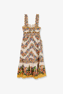 Farm Rio women’s Hilo multicolor beige linen and viscose sundress with floral pattern ruffled straps and scalloped hem