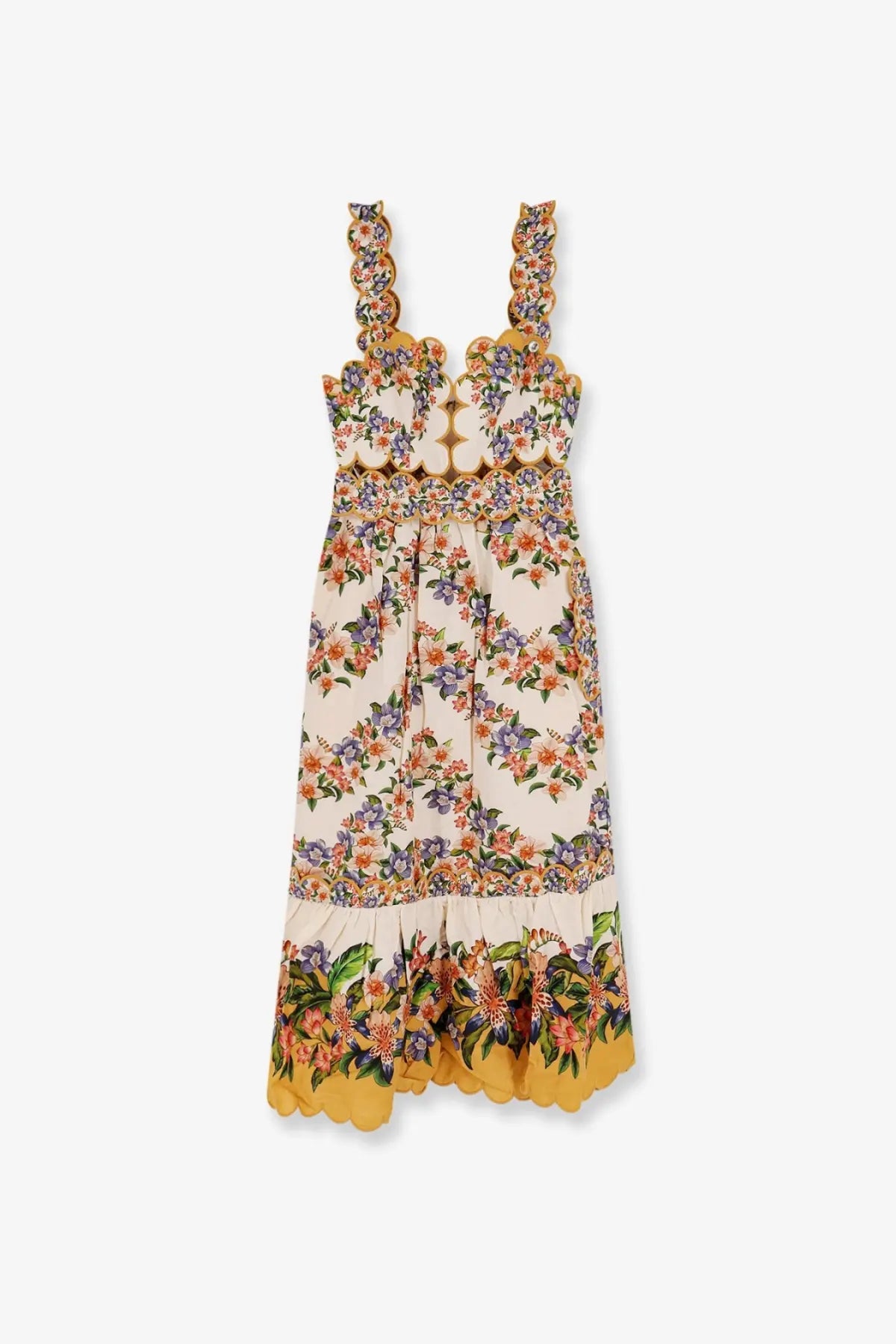 Farm Rio women’s Hilo multicolor beige midi dress with floral linen and viscose fabric and scalloped ruffle details