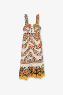 Farm Rio women’s Hilo multicolor beige midi dress with floral linen and viscose fabric and scalloped ruffle details