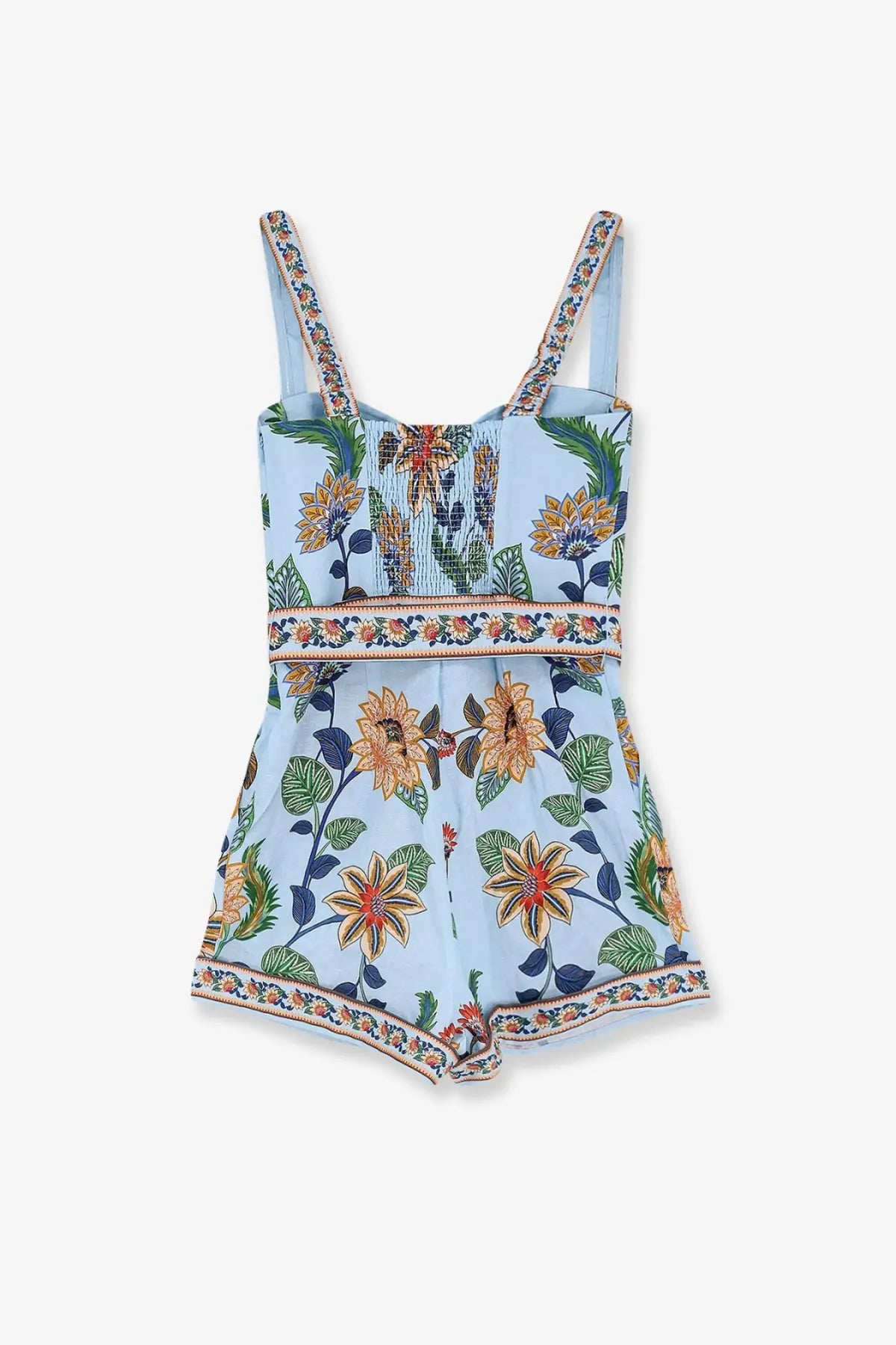 Farm Rio women’s linen jumpsuit blue with light blue floral print embroidered details and decorative trim