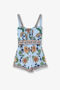 Farm Rio women’s linen jumpsuit blue with light blue floral print embroidered details and decorative trim