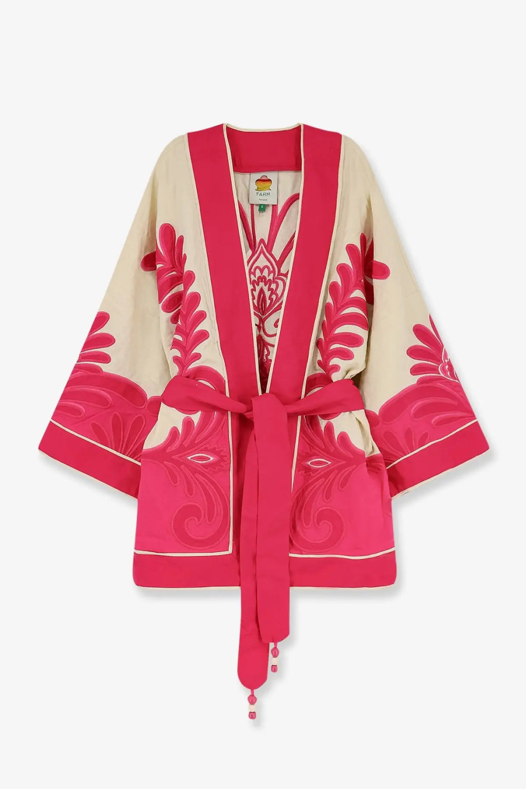 Farm rio women’s linen and viscose blend kimono robe in pink and cream with floral embroidery and beaded tassels