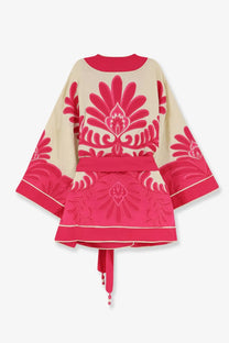 Farm rio women’s linen and viscose blend kimono top in vibrant pink and cream with bold floral embroidery and belt