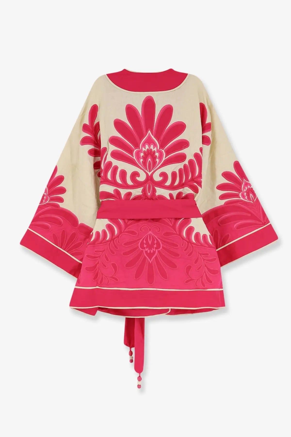 Farm rio women’s linen and viscose blend kimono top in vibrant pink and cream with embroidered floral pattern and wide sleeves