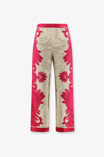 Farm rio women’s beige linen and viscose blend trousers with vibrant pink embroidered floral patterns and waistband