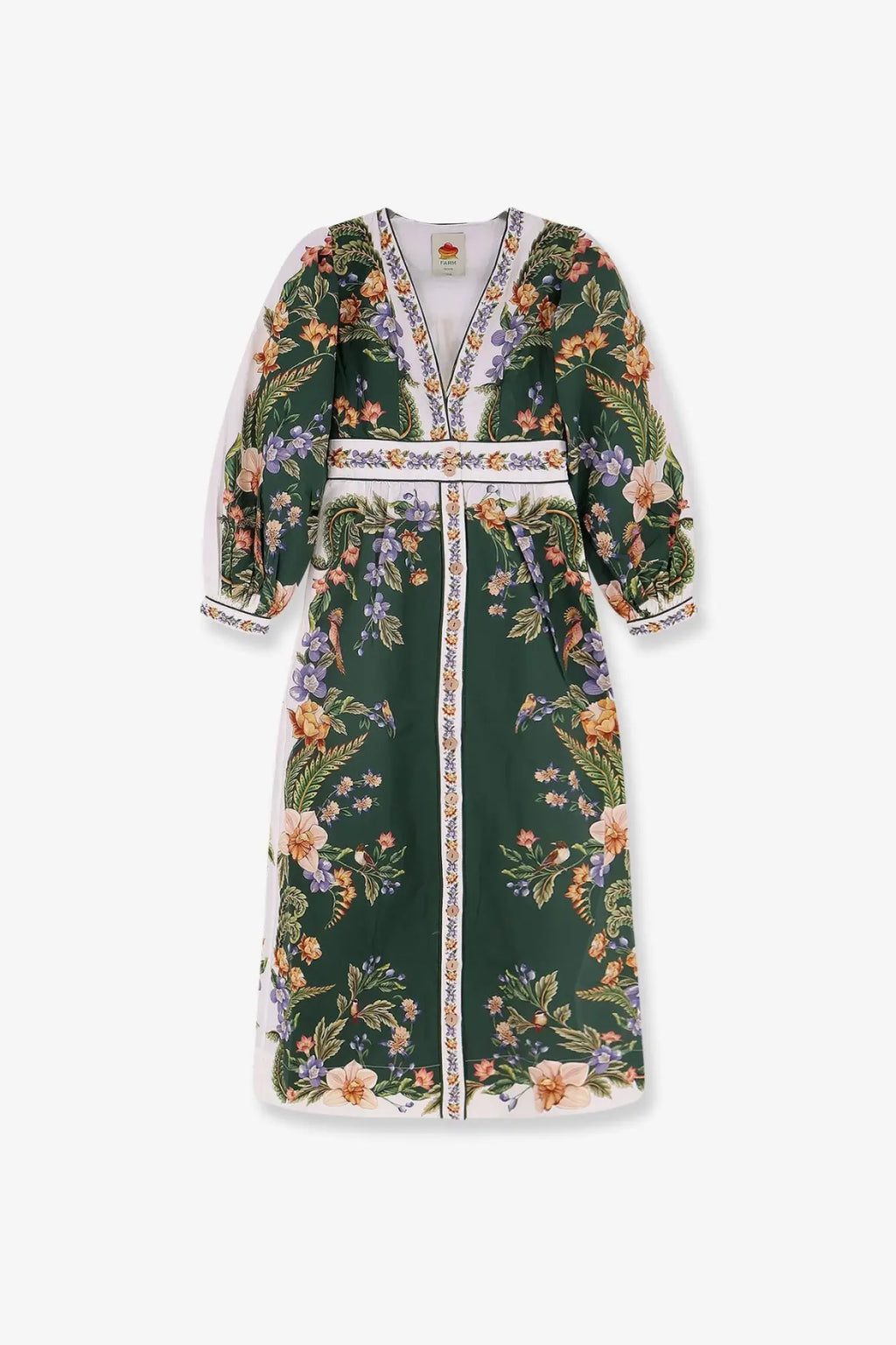 Farm Rio women’s long cotton dress green with dark green floral print long sleeves and v-neckline featuring orange purple and white flowers