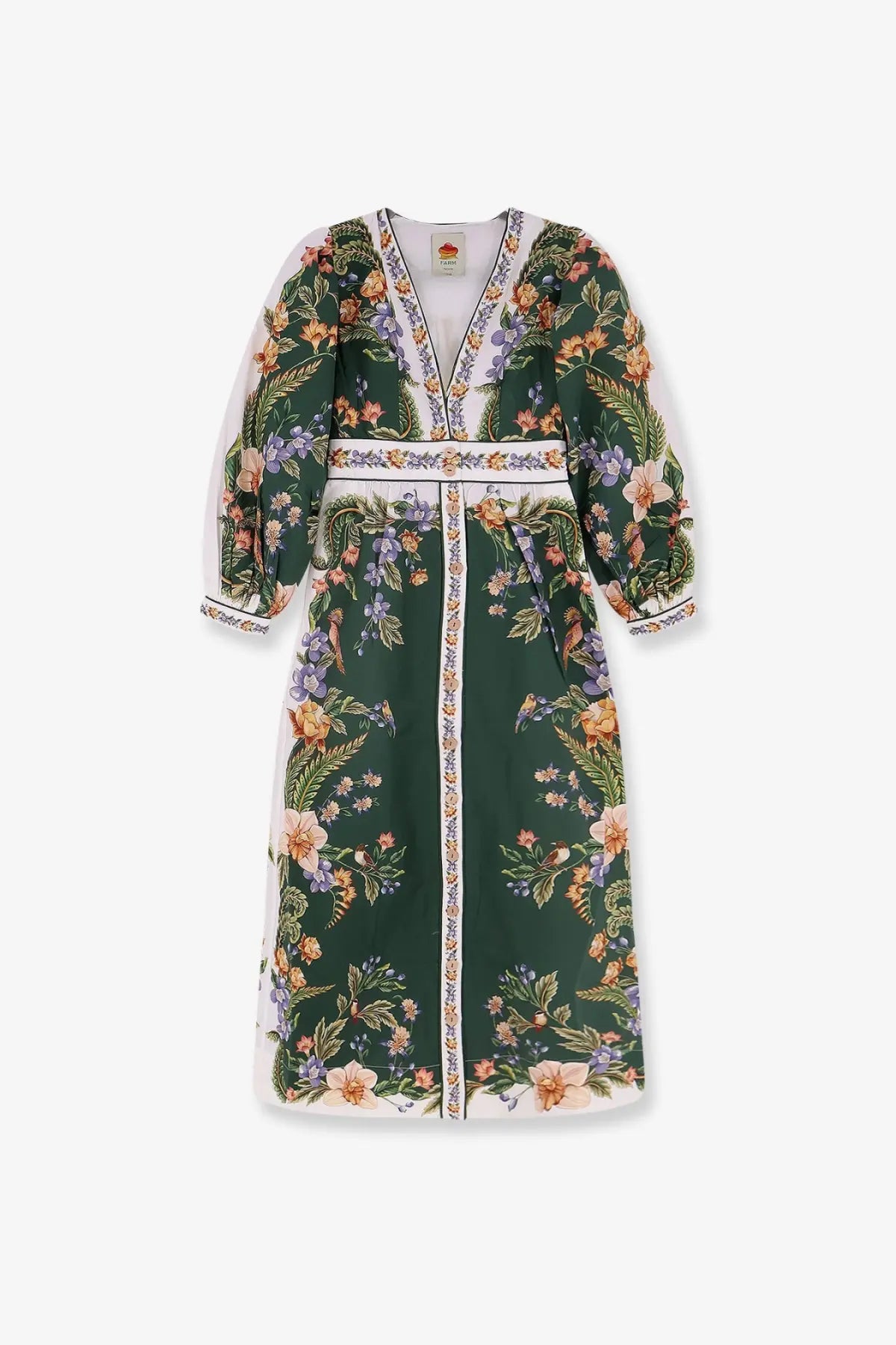 Farm Rio women’s long cotton dress green with dark green floral print long sleeves and v-neckline featuring orange purple and white flowers