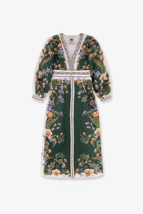 Farm Rio women’s long cotton dress green with dark green floral print long sleeves and v-neckline featuring orange purple and white flowers