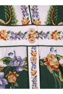 Farm rio women’s long cotton dress green featuring white and dark green floral fabric with purple orange flowers and wood buttons