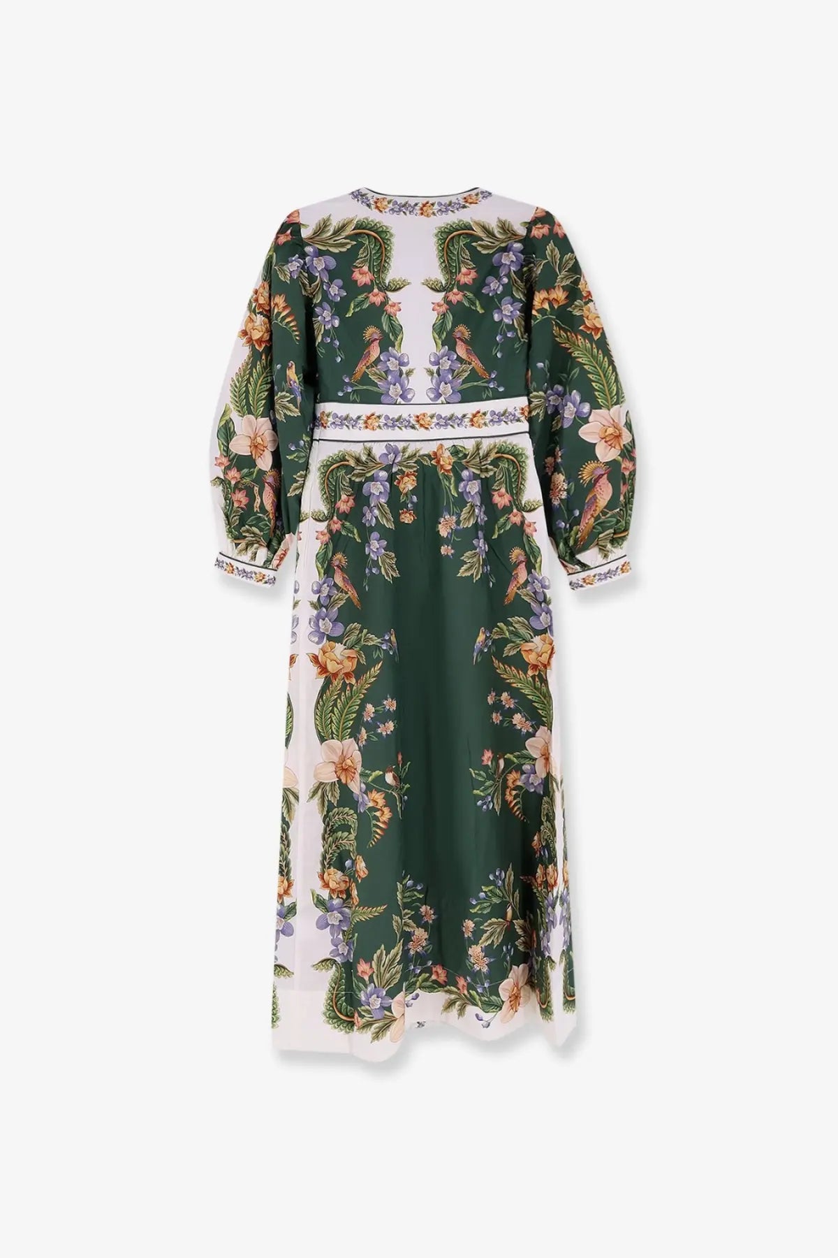 Farm rio women’s long cotton dress in green and cream with botanical bird and flower print and long sleeves