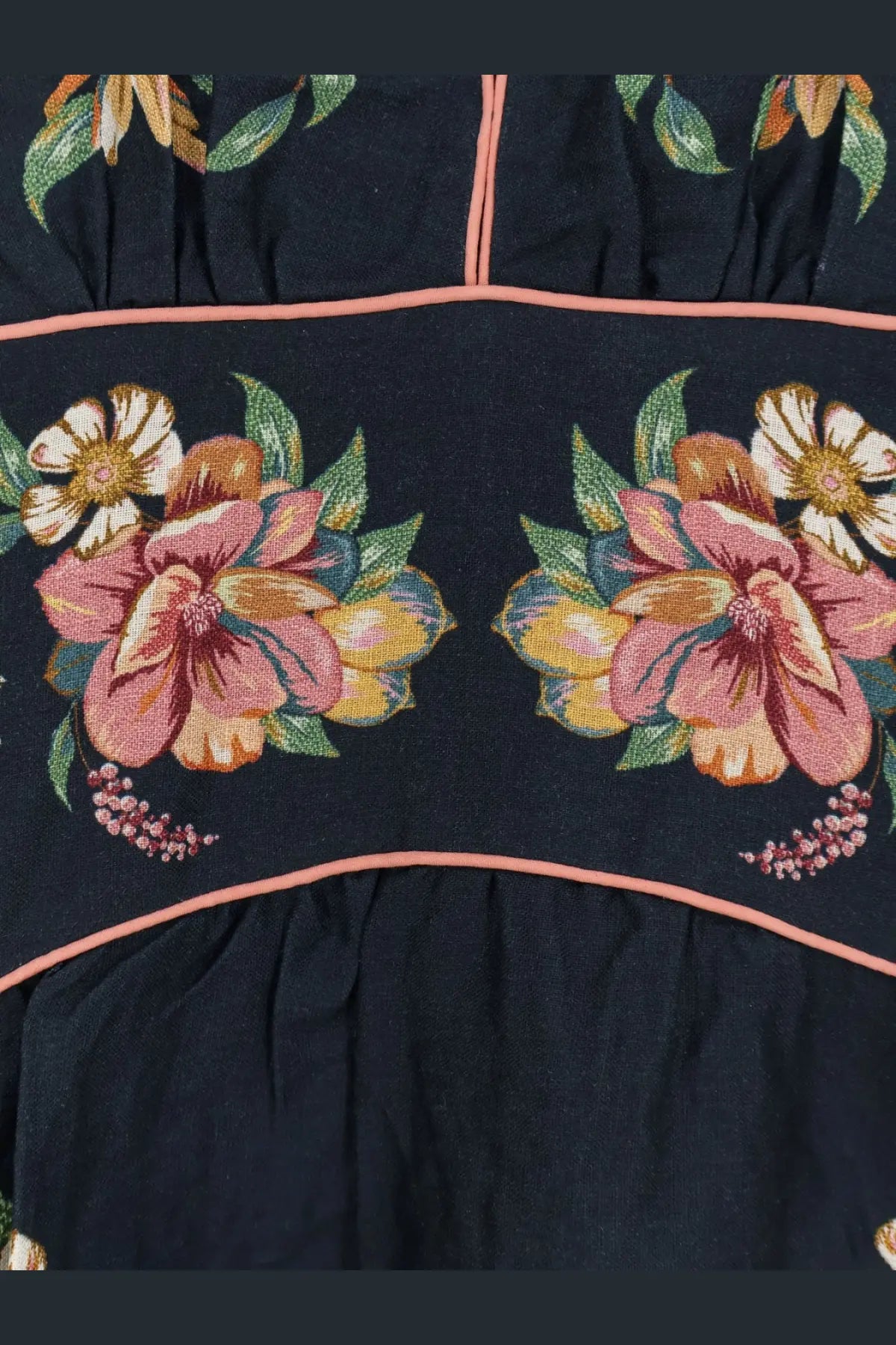 Farm rio women’s maira long linen dress blue featuring embroidered floral patterns in pink orange and white hues