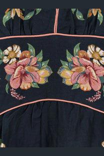 Farm rio women’s maira long linen dress blue featuring embroidered floral patterns in pink orange and white hues