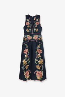 Farm Rio women’s Maira long linen dress blue navy sleeveless midi with pink peach yellow floral embroidery and green leaves