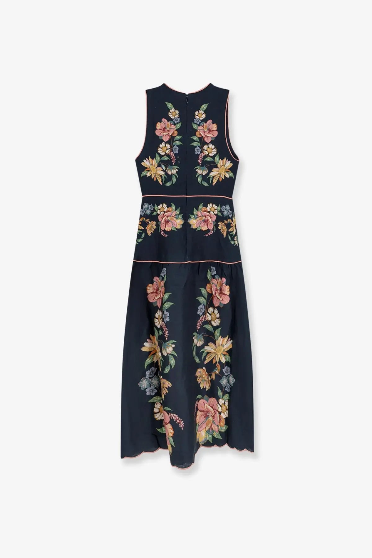 Farm Rio women’s Maira long navy blue linen dress with sleeveless design and floral embroidery in pink, peach, yellow, and green