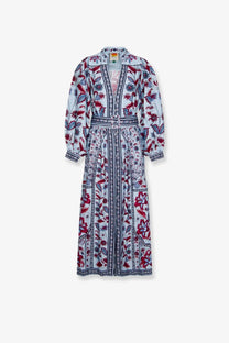 Farm Rio women’s Marcelle midi dress in light blue floral print with burgundy and navy accents and belted waist