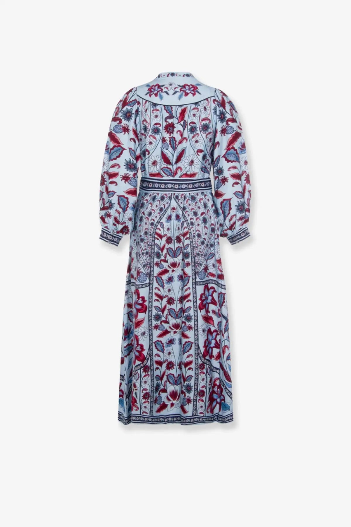 Farm rio women’s marcelle midi dress in light blue fabric with red and navy floral patterns and long sleeves