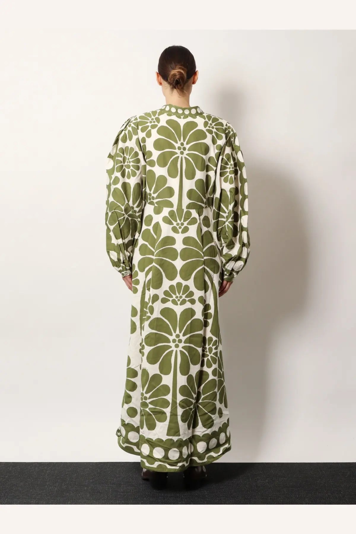 Farm Rio women’s Palermo maxi dress in olive green and cream with floral pattern and puffed sleeves