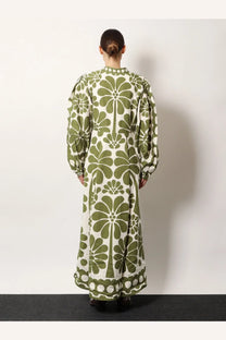 Farm Rio women’s Palermo maxi dress in olive green and cream with floral pattern and puffed sleeves