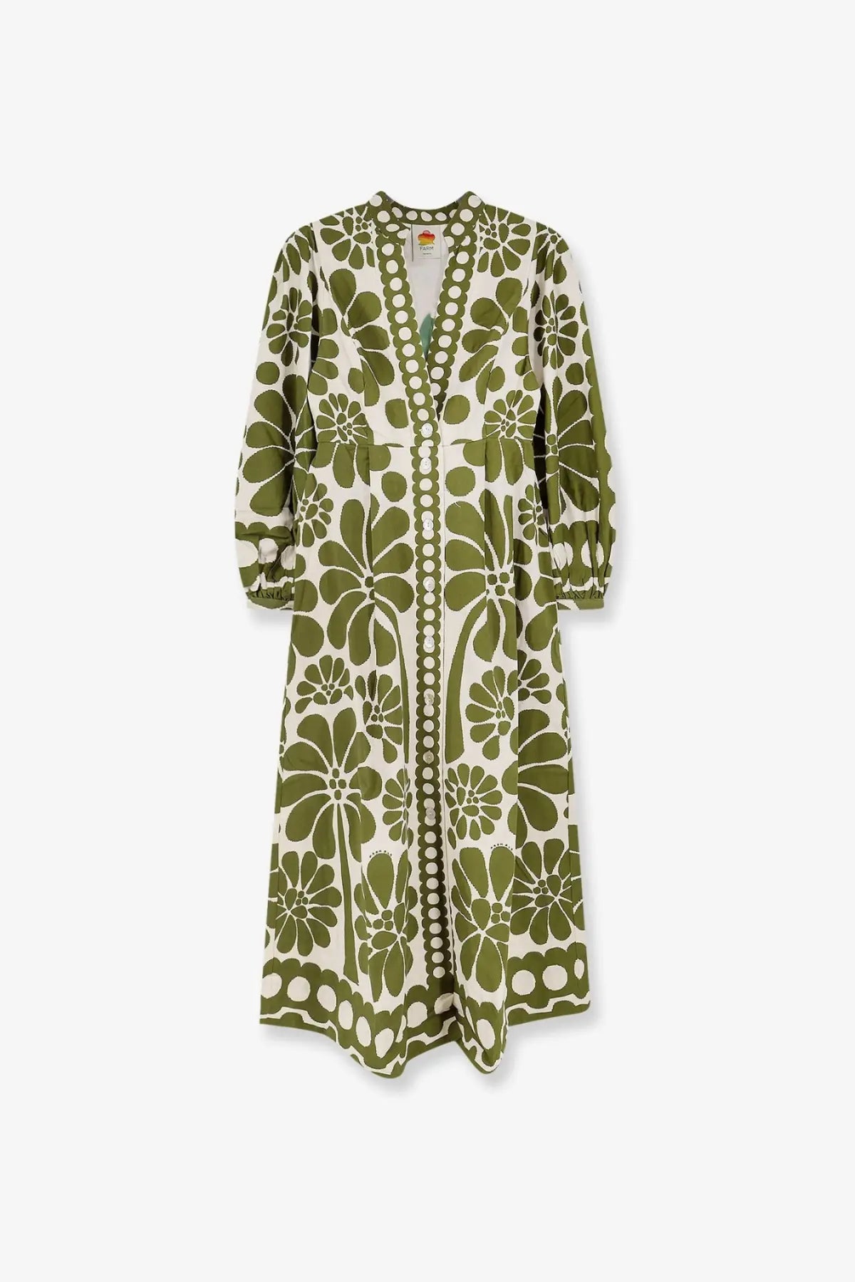 Farm rio women’s palermo maxi dress green olive green and cream floral print midi dress with v-neckline and dot trim