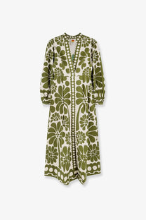 Farm rio women’s palermo maxi dress green olive green and cream floral print midi dress with v-neckline and dot trim
