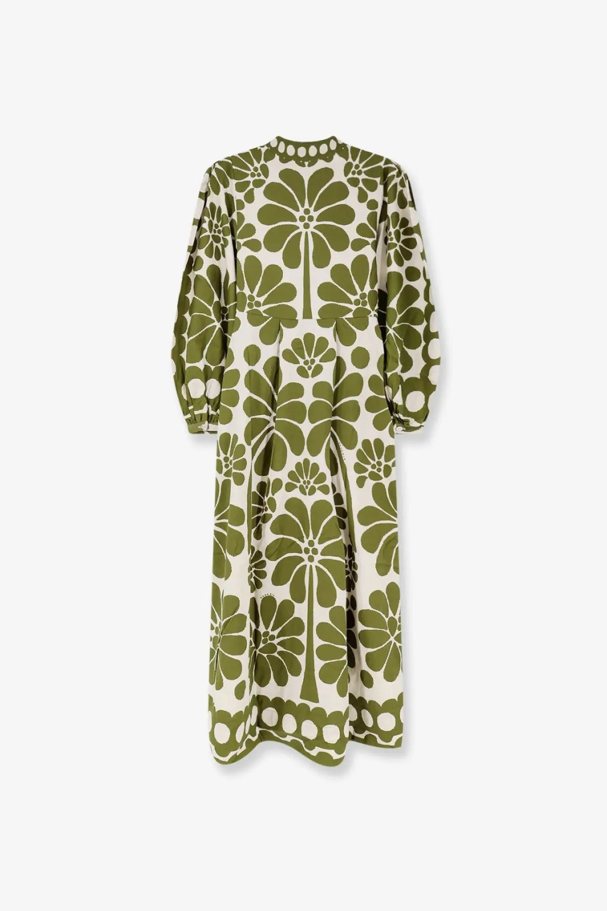 Farm rio women’s palermo maxi dress in olive green and cream floral print with puffed sleeves and flowing midi length