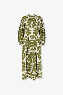 Farm rio women’s palermo maxi dress in olive green and cream floral print with puffed sleeves and flowing midi length