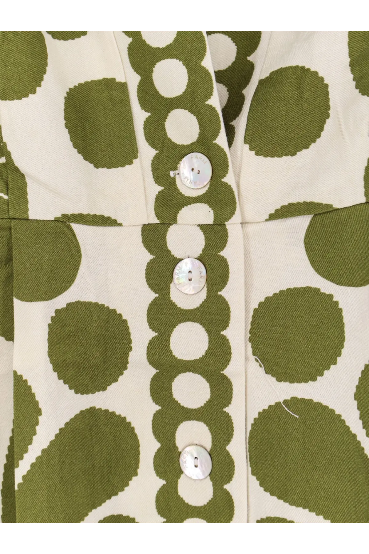 Farm Rio women’s Palermo maxi dress in olive green with cream polka dots and mother of pearl buttons