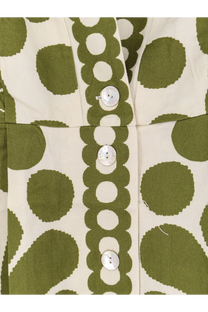 Farm Rio women’s Palermo maxi dress in olive green with cream polka dots and mother of pearl buttons