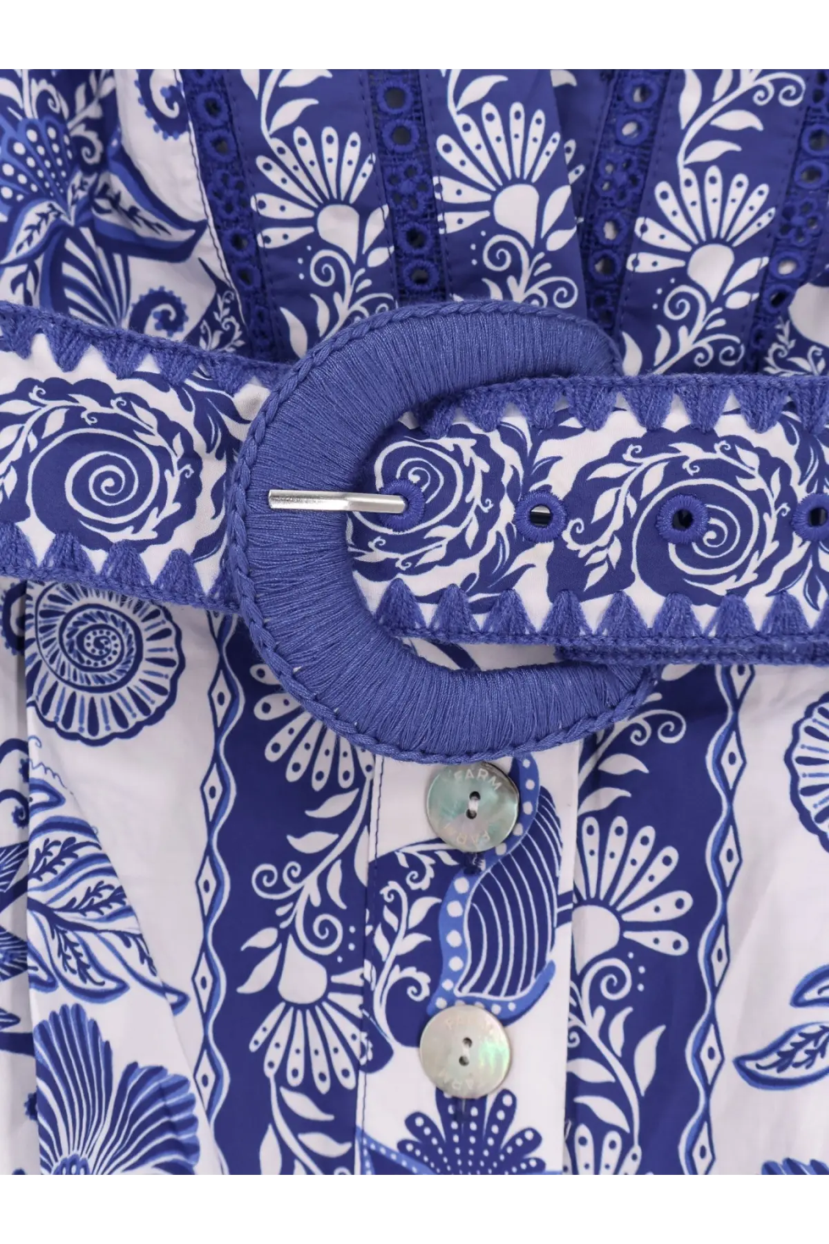 Blue embroidered belt with matching fabric buckle and button details for farm rio women’s shell garden cotton jumpsuit white