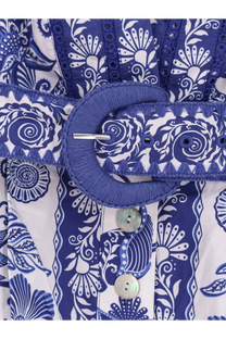 Blue embroidered belt with matching fabric buckle and button details for farm rio women’s shell garden cotton jumpsuit white