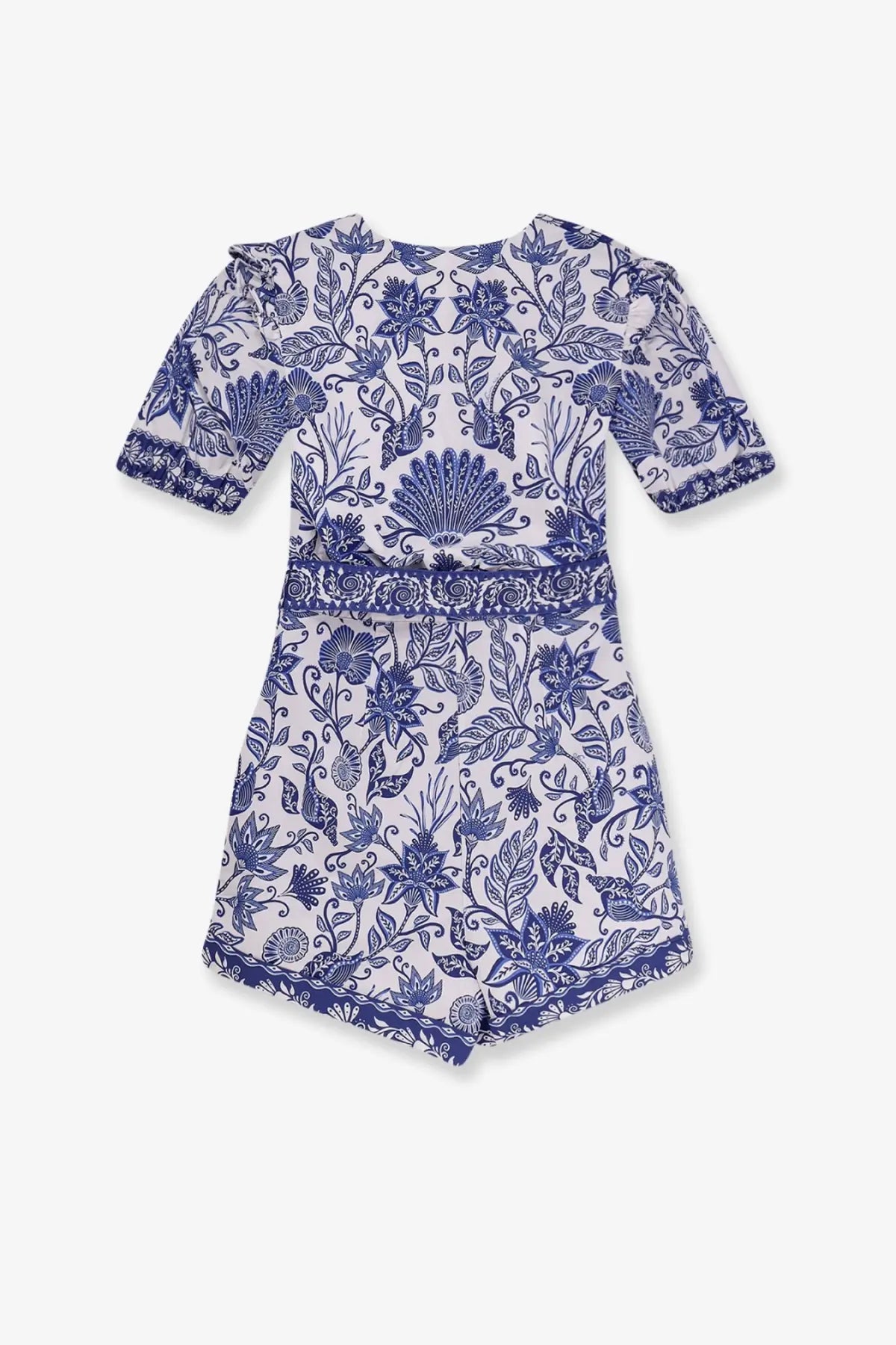 Farm Rio women’s shell garden cotton jumpsuit in white with blue floral pattern, short sleeves, ruffled cuffs, and scalloped hem