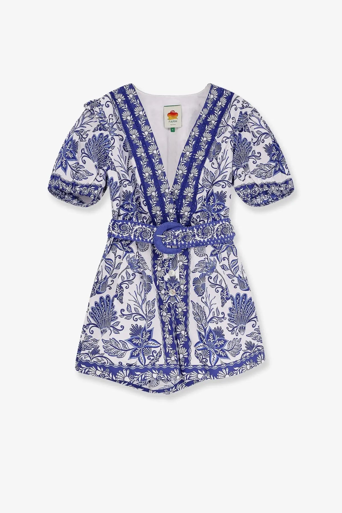 Farm rio women’s shell garden cotton jumpsuit white with white and blue floral print short puffed sleeves and belt