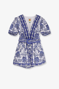 Farm rio women’s shell garden cotton jumpsuit white with white and blue floral print short puffed sleeves and belt