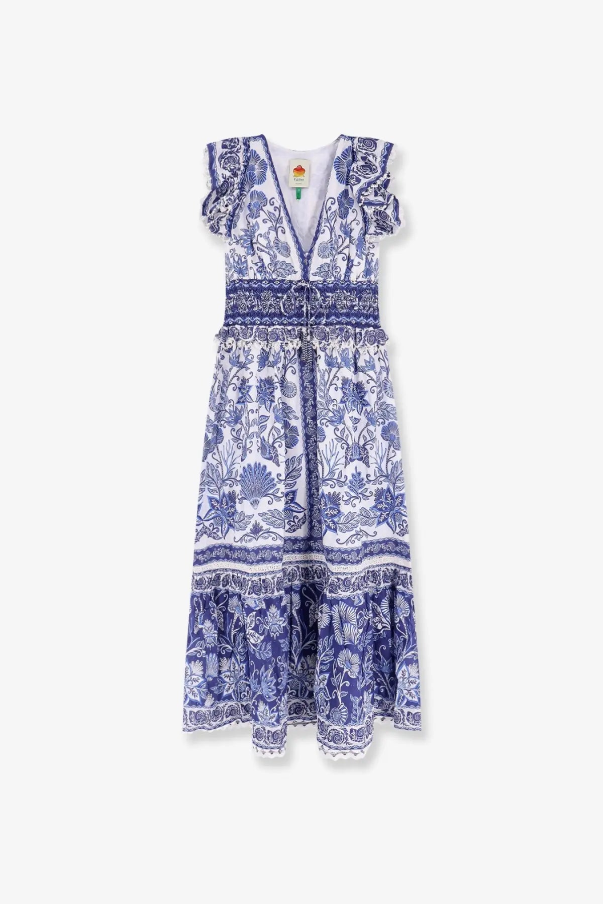 Farm rio women’s shell garden cotton long dress in white with blue floral print ruffled sleeves and tiered hem