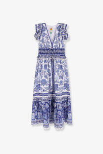 Farm rio women’s shell garden cotton long dress in white with blue floral print ruffled sleeves and tiered hem