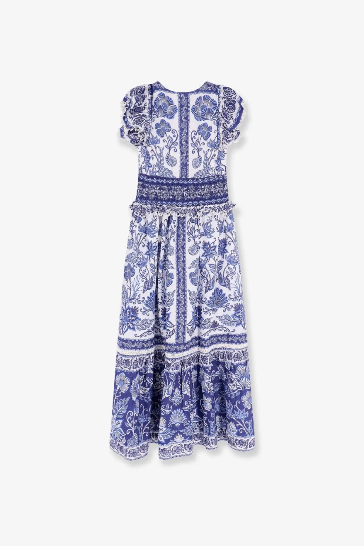 Farm Rio women’s white and blue floral cotton long dress with ruffled sleeves smocked waistband and tiered skirt