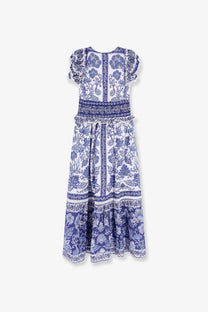 Farm Rio women’s white and blue floral cotton long dress with ruffled sleeves smocked waistband and tiered skirt