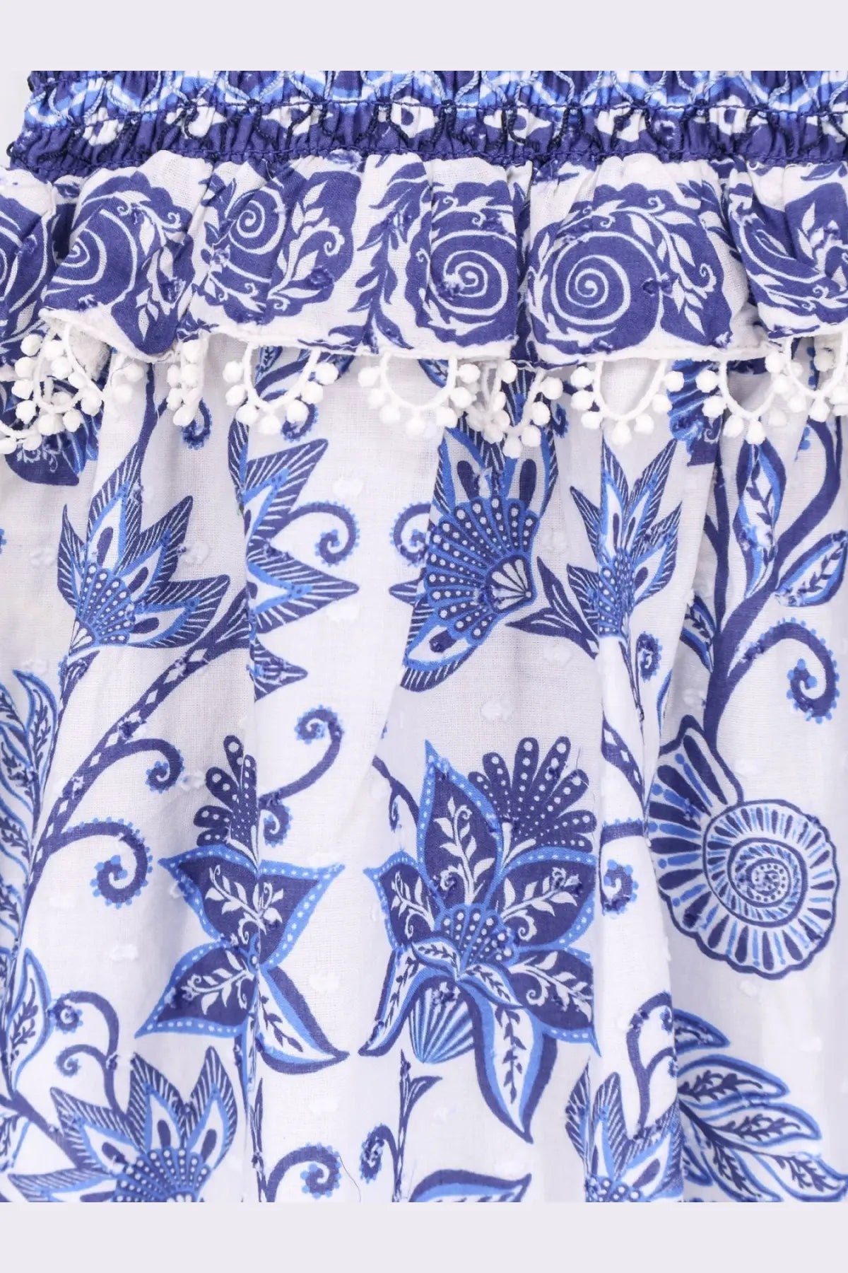 Farm Rio women’s shell garden cotton long dress white featuring intricate blue floral patterns and ruffled pom-pom hem