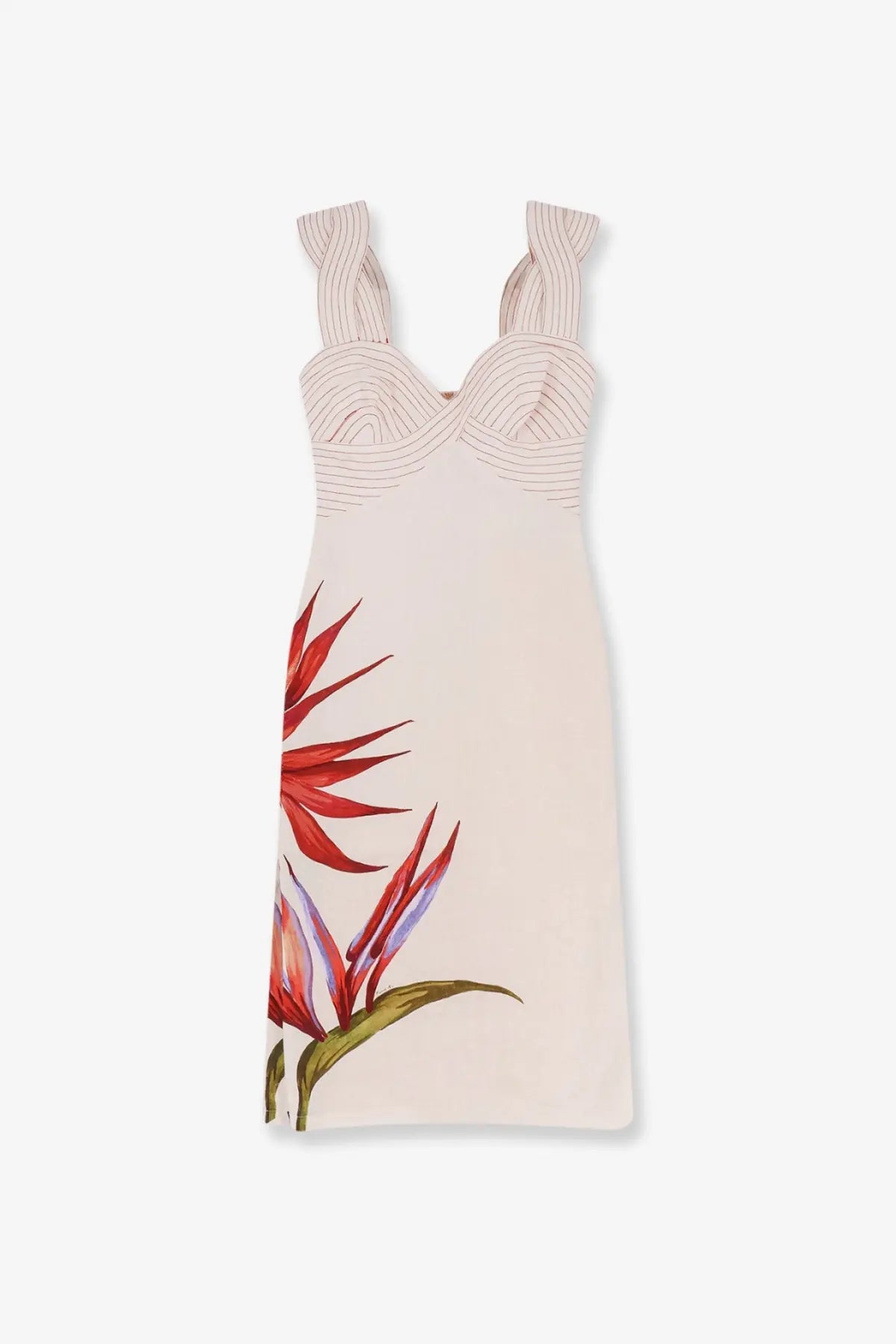 Farm Rio women’s strelizia linen dress beige sleeveless with bold tropical bird of paradise print in red purple and green