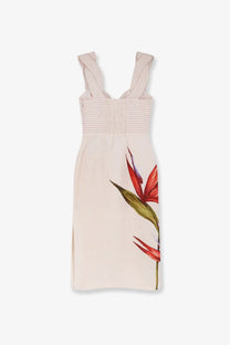 Farm Rio women’s strelizia beige linen sleeveless dress with smocked bodice and red green bird of paradise print