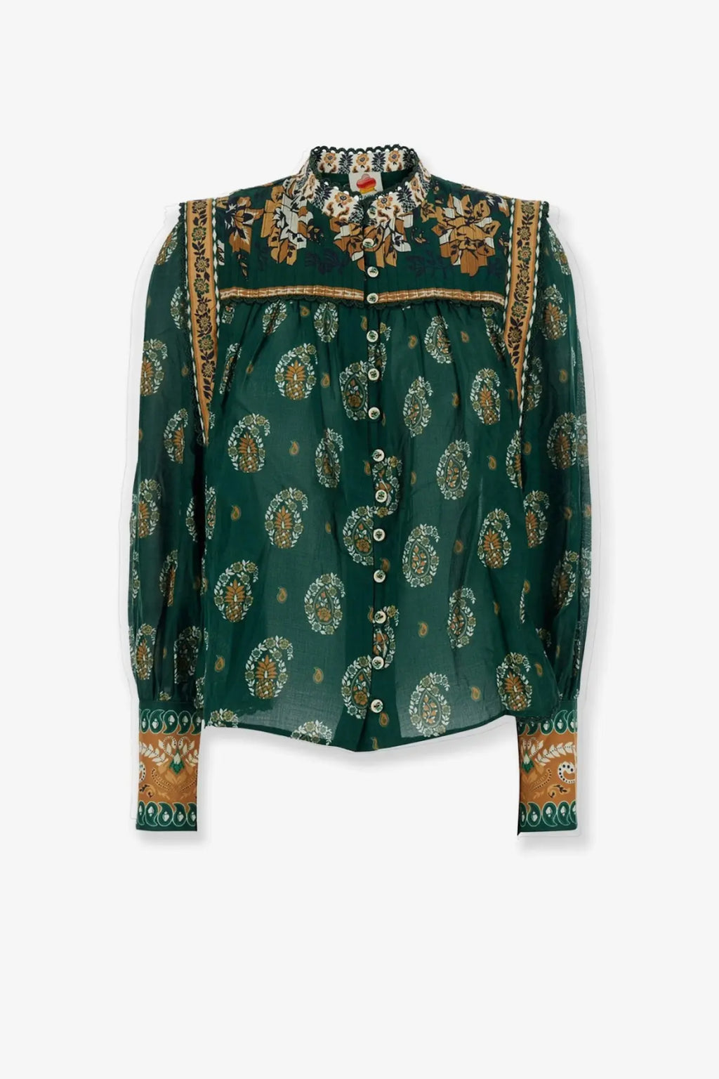 Farm Rio women’s Tayla cotton shirt green with emerald sheer fabric and gold white floral embroidery on collar cuffs front