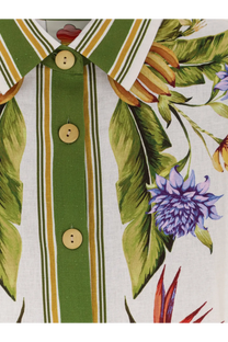 Farm Rio women’s tropical beige button-up shirt with vibrant leaf print and vertical olive and mustard linen viscose stripes