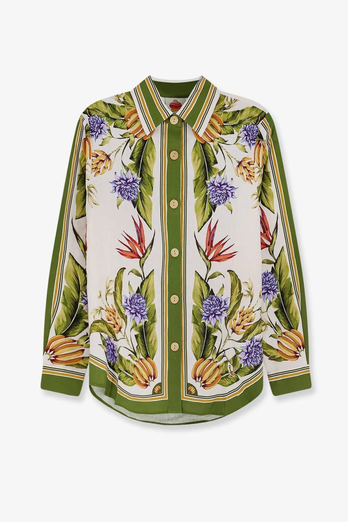 Farm rio women’s tropical linen and viscose beige blouse with vibrant purple flowers green leaves and orange fruits