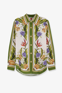 Farm rio women’s tropical linen and viscose beige blouse with vibrant purple flowers green leaves and orange fruits